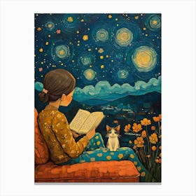 Girl Reading Book with Her Cat 3 Canvas Print