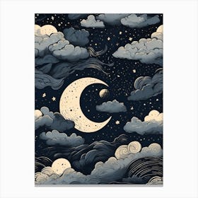 Moon And Clouds, Linocut friendly, minimalistic, night sky with crescent moon, celestial bodies, simplified, nordic, scandinavian style, muted colors, rolling clouds, viking symbols Canvas Print
