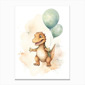 Baby Dinosaur (T Rex) Flying With Ballons, Watercolour Nursery Art 1 Canvas Print