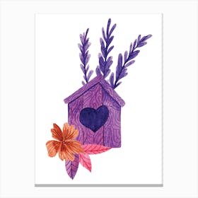 Watercolor Birdhouse with lavender flowers Canvas Print