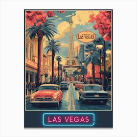 Las Vegas Cityscape with Eiffel Tower - Retro Poster Canvas Print