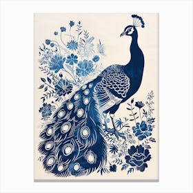 Navy Blue & Cream Peacock With Tropical Flowers 2 Canvas Print