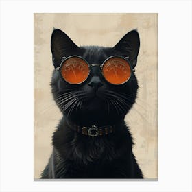 A striking illustration of a black cat wearing stylish round sunglasses with orange-tinted lenses that feature clock faces, exuding a confident and playful demeanor. Canvas Print