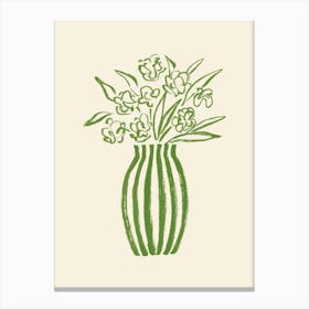 Stripes Flower Vase Floral Still Life Illustration - Forest Green Canvas Print