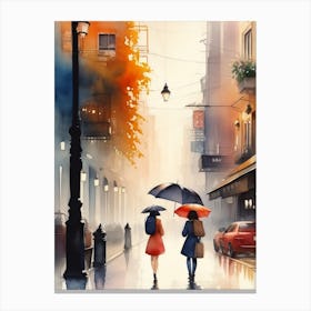 Two Women Walking In The Rain Canvas Print