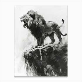African Lion Charcoal Drawing Roaring On A Cliff 1 Canvas Print