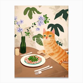 Cat And Pasta With Spinach Canvas Print