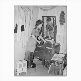 Daughter Of Carpenter From Hobbs, New Mexico, Straightening Dresser In Room In Tourist Court Which Is Now The Family Canvas Print