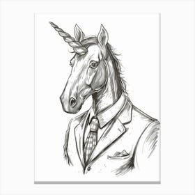 Unicorn In A Suit & Tie Black And White Doodle 2 Canvas Print