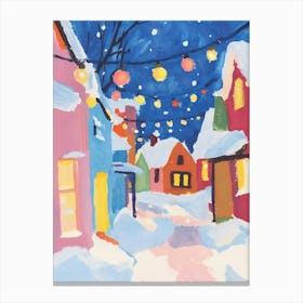 Late Night in Snowy Village Gouache Painting Canvas Print