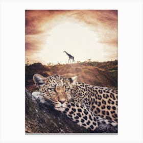 Jaguar And Giraffe In African Savannah Canvas Print