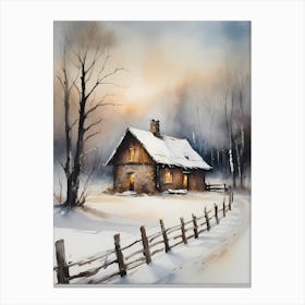 Rustic Winter Oil Painting Vintage Cottage (21) Canvas Print