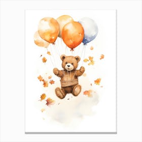 Bear Flying With Autumn Fall Pumpkins And Balloons Watercolour Nursery 3 Canvas Print