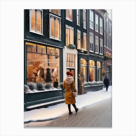 Amsterdam cafes, winter season, Christmas, autumn oil colors, pale colors, pedestrians in the street, winter clothes, falling snow.10 1 Canvas Print