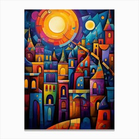 Old Town at Moonlight, Vibrant Colorful Abstract Painting in Cubism Style Canvas Print