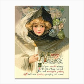 Happy Halloween Poem, Young Witch With Candle And Little Demons Behind Her Canvas Print