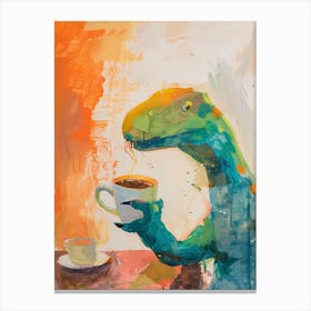 Dinosaur Drinking Coffee Orange Brushstroke 1 Canvas Print