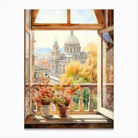 Window View Of Sofia Bulgaria In Autumn Fall, Watercolour 2 Canvas Print