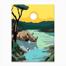Rhino Bathing In The River Simple Illustration 3 Canvas Print