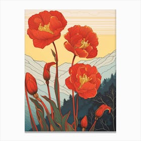 Red Tulips Mounatin Landscape 2 Canvas Print