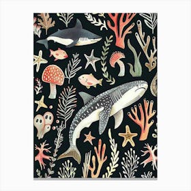 Shark Pattern Seascape Black Background Illustration 2 Canvas Print