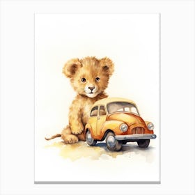 Playing With Toy Car Watercolour Lion Art Painting 2 Canvas Print