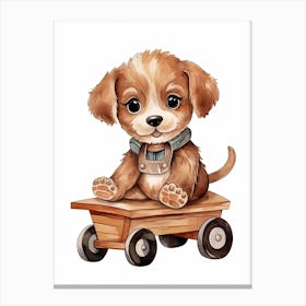 Puppy On A Toy Car, Watercolour Nursery 3 Canvas Print