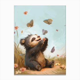 Sloth Bear Cub Playing With Butterflies Storybook Illustration 2 Canvas Print