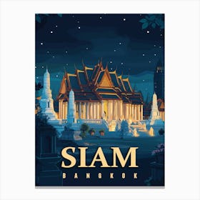 Vintage Siam Bangkok Temples Travel Poster Canvas Print