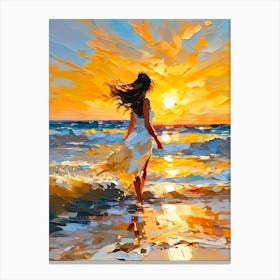 Woman Walking On The Beach At Sunset Canvas Print