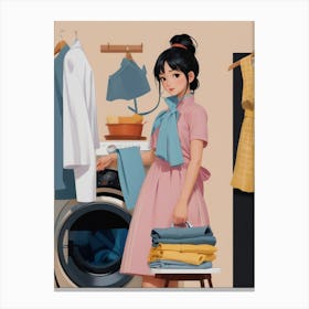 Asian Girl In The Laundry Room Canvas Print