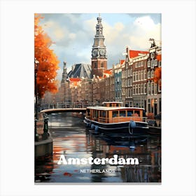 Amsterdam Netherlands Canal Travel Illustration Canvas Print