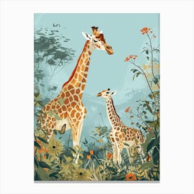 Mother Giraffe & Calf Colourful Illustration 1 Canvas Print