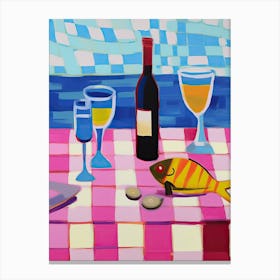 Painting Of A Table With Food And Wine, French Riviera View, Checkered Cloth, Matisse Style 3 Canvas Print