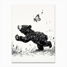 Malayan Sun Bear Cub Chasing After A Butterfly Ink Illustration 3 Canvas Print