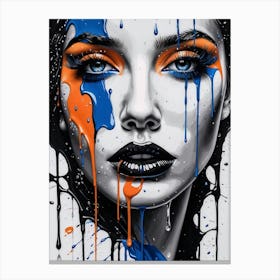 Female Face with Blue and Orange Paint Drips Leinwandbild