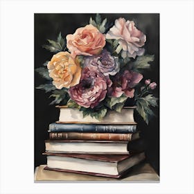 Bouquet Of Flowers On Stack Of Books Canvas Print