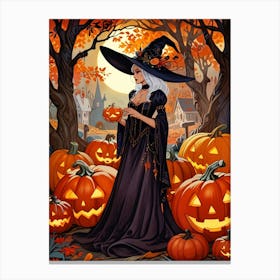 Halloween Witch With Pumpkins Canvas Print