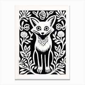 Fox In The Forest Linocut White Illustration 12 Canvas Print