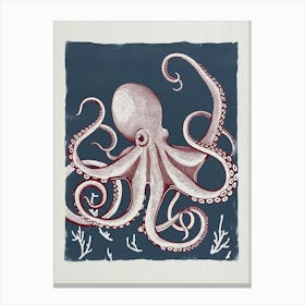 Retro Red Navy Octopus Linocut Style 3 Canvas Print