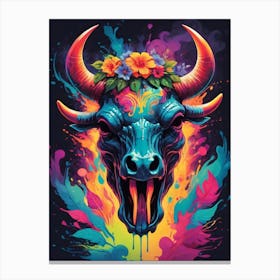 Floral Bull Skull Neon Iridescent Painting (23) Canvas Print