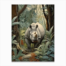 Grey Rhino Walking Through The Leafy Nature 4 Canvas Print