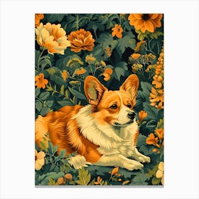 Corgi In The Garden Inspired by William Morris Canvas Print