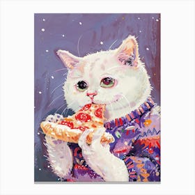 Cute White Cat Eating Pizza Folk Illustration 3 Canvas Print
