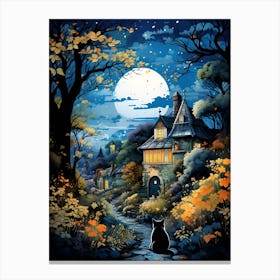 Black Cat On A Moonlit Path Canvas Print