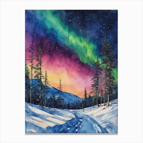 The Northern Lights - Aurora Borealis Rainbow Winter Snow Scene of Lapland Iceland Finland Norway Sweden Forest Lake Watercolor Beautiful Celestial Artwork for Home Gallery Wall Magical Etheral Dreamy Traditional Christmas Greeting Card Painting of Heavenly Fairylights 14 Canvas Print