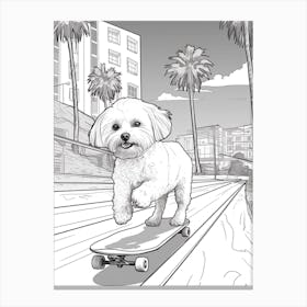 Maltese Dog Skateboarding Line Art 2 Canvas Print