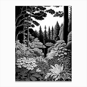 Butchart Gardens, 1, Canada Linocut Black And White Vintage Canvas Print
