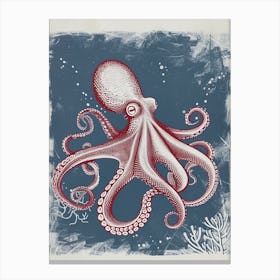 Octopus In The Ocean With Coral Linocut Inspired 4 Canvas Print