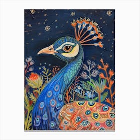 Folky Floral Peacock At Night 3 Canvas Print